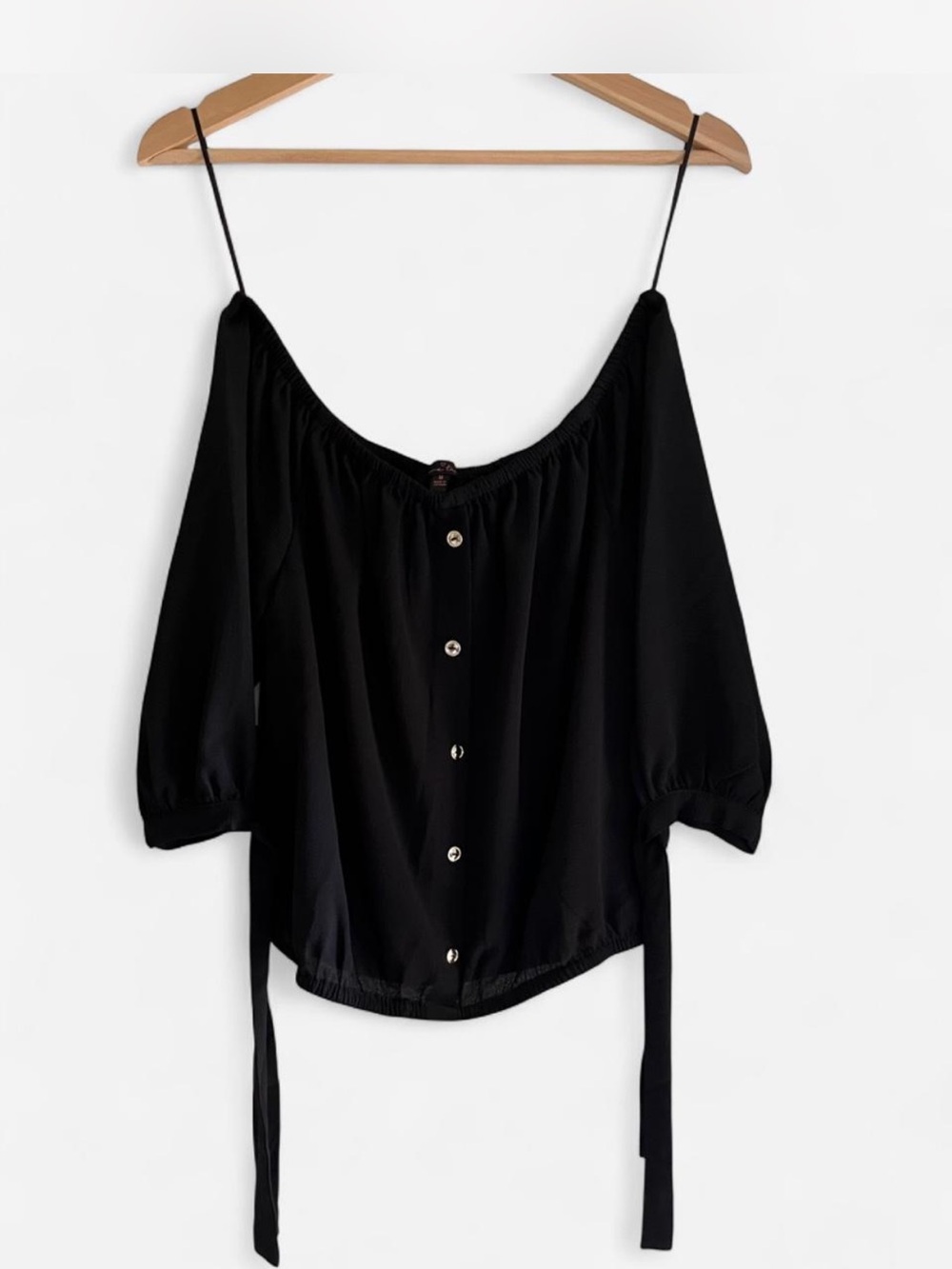 Love Tree Women’s Black Off-Shoulder Button-Front Top with elastic waistband